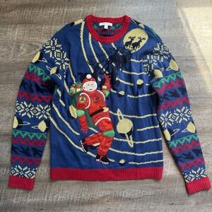 Ugly Christmas Sweater Santa Astronaut Womens L Holiday Moon Space Funny Bells